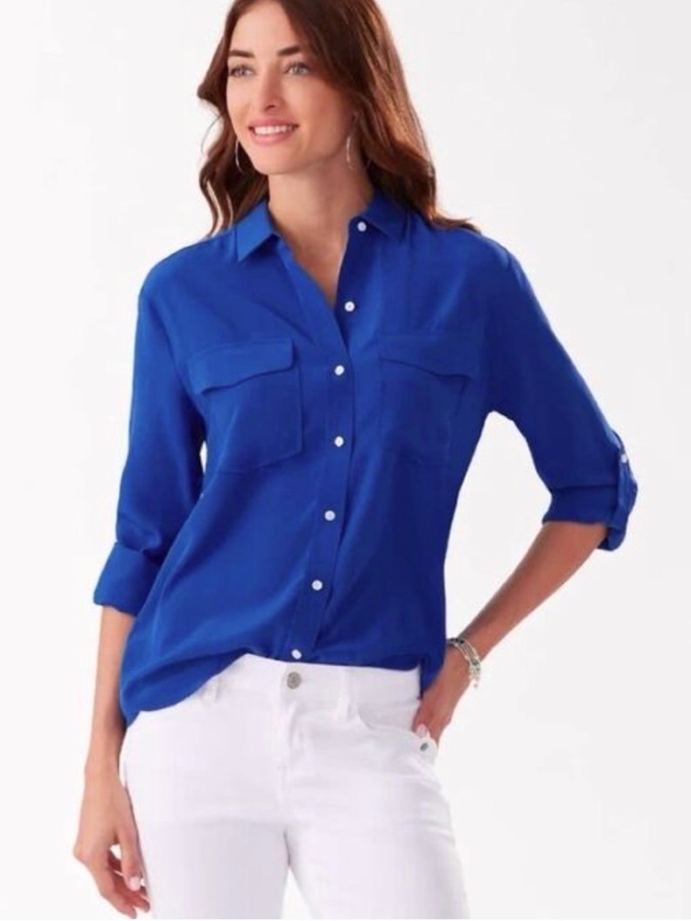 Tommy Bahama 100% Silk Classic Women's Button-Down Shirt Blouse Royal Blue, XL